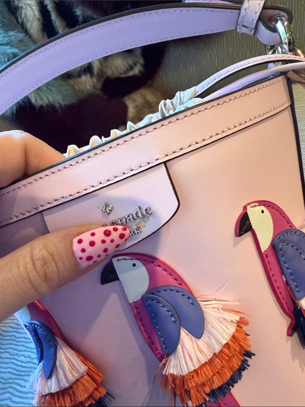 kate spade Pink Parrot Appliqué Bucket Bag with Multicolor Fringe - Picture 2 of 4